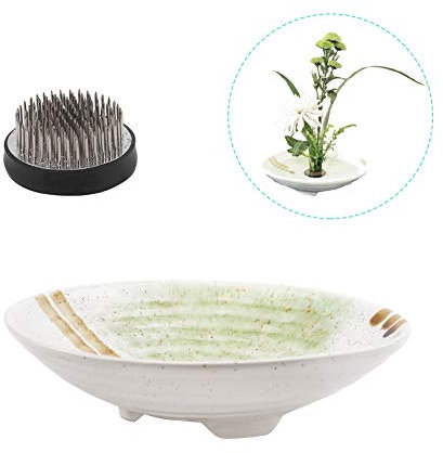 WANDIC Flower Arranging Supplies, Round Flower Frog & White Ceramic ikebana Vases for Ikebana Floral Arrangement Art Home Decoration, Plate Shape White Spotted