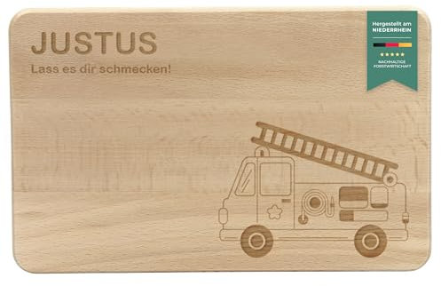 LAUBLUST Frühstücksbrettchen Kinder - Personalisiert mit Gravur - Feuerwehrauto - Geschenk Brettchen 24x15cm, Holz FSC®