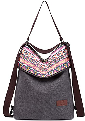 Travistar Damen Canvas Schultertasche Rucksack Groß Handtasche Vintage Damen Umhängentasche Anti Diebstahl Tasche Damen Hobo Tasche für Alltag Büro Schule Ausflug Einkauf - Gedrucktt Grau 02