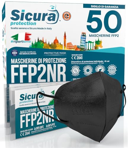 50 Mascherine FFP2 Certificate CE nere Made in Italy con Elastici Neri logo SICURA impresso BFE ≥99% Mascherina ffp2 italiana SANIFICATA e sigillata