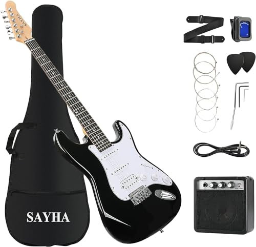 SAYHA Guitarra eléctrica, 39 pulgadas, guitarra eléctrica de tamaño completo, kit de iniciación HSS incluye amplificador, bolsa, sintonizador digital, correa, cuerda, cable, púas (negro)