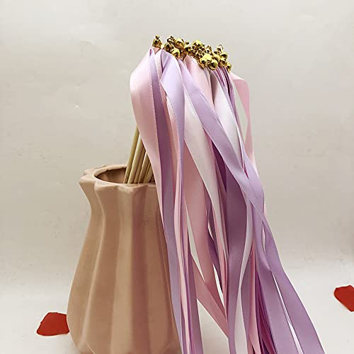 Zauberstäbe mit Band Glocken,10 Stück Luftschlangen Seide Fee Stick,Wedding Twirling Streamers Ribbon Wedding Wands Stick für Hochzeit Partys Babypartys Geburtstag Urlaub Feiern Weihnachten,Lila+Rosa