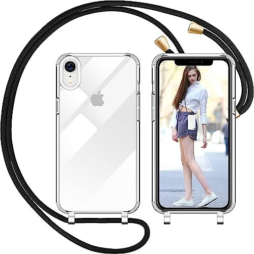 Nupcknn Handykette für iPhone XR Hülle mit Band,Dünn Transparent Handyhülle (Abnehmbar Einstellbar) Necklace mit Kordel zum Umhängen Kameraschutz Handy Kette Stossfest Schutzhülle(1.6M,Schwarz)