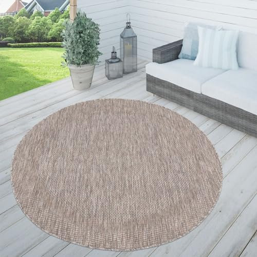 TT Home In-& Outdoorteppich Wetterfest Terrasse Küche Modern Mit Umrandung Unifarben, Farbe: Beige Sand, Größe:120 cm Rund