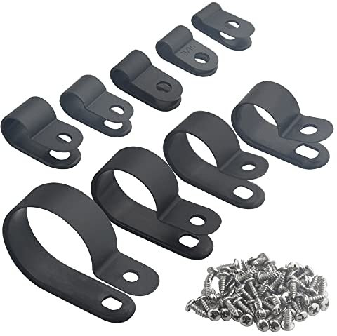 WMYCONGCONG 180 PCS R-Type Cable Clips Clamp Assortment Kit Black Nylon Screw Mounting Cord Fastener Clips 1/8”, 3/16”, 1/4”, 5/16”, 3/8”, 1/2inch, 5/8”, 3/4”, 1” Cable Clamp + 180 PCS Screws