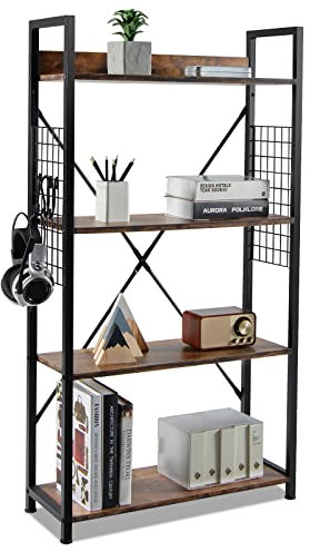 COSTWAY Bücherregal Industriell, Standregal mit 4 Ebenen, Leiterregal mit S-förmigen Haken, Multifunktionales Lagerregal mit Kippschutz, Büroregal Metallrahmen, Raumteiler Braun