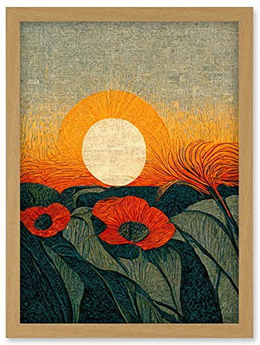 Doppelganger33 LTD Abstract Sunrise Over Poppy Meadow William Morris Style Artwork Framed Wall Art Print A4