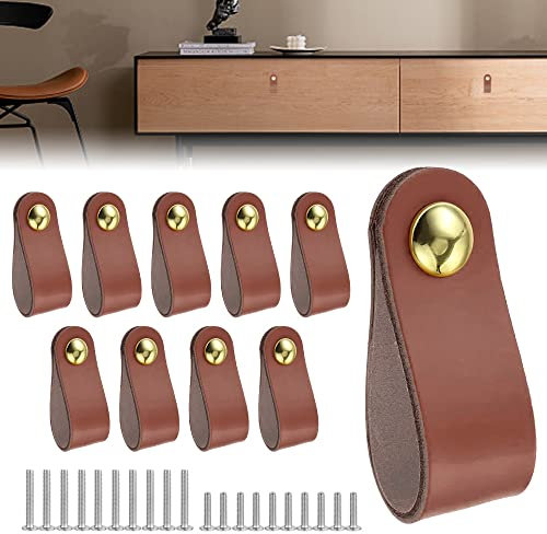 QINERSAW 10er Set Rotbraun Ledergriffe Möbel Leder Möbelgriffe Ledergriffe Schrank Türgriffe Leder für Schublade Schranktür Wohnkultur mit Schrauben