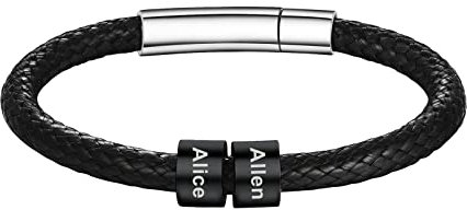 Bracelet Corde Homme 2 Prénoms Personnalisé Bracelet Cuir Tressé avec 2 Perles 18cm Bracelet Noms Bijoux Gothique pour Homme