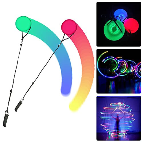SKJJL Led Poi Bälle, 2 Stück Poi Jonglierbälle, Jonglierbälle Leuchtend mit Regenbogen Farben und Strobe-Effekt, Led Poi Ball mit Verstellbaren Doppelschlaufen-Leinen für Spinnen Schwingen Bauchtanz