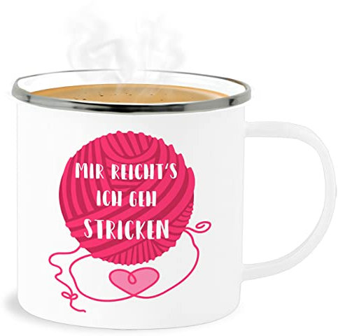 Emaille Becher Blechbecher - Statement - Mir reicht's ich geh stricken - 300 ml - Weiß Silber - statements wolle tasse frohes neues jahr häkeln tassen new year strick mit stricke wollknäuel