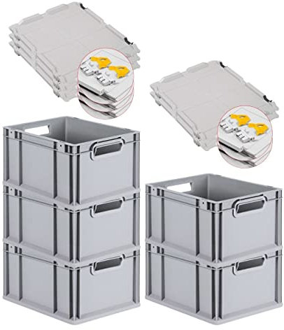 PROREGAL SuperSparSet 5x Eurobox NextGen Grip mit Scharnierdeckel und gelben Schiebeschnappverschlüssen, HxBxT 22x30x40cm, 20 L, Grau, Griffe offen, Eurobehälter, Transportbox