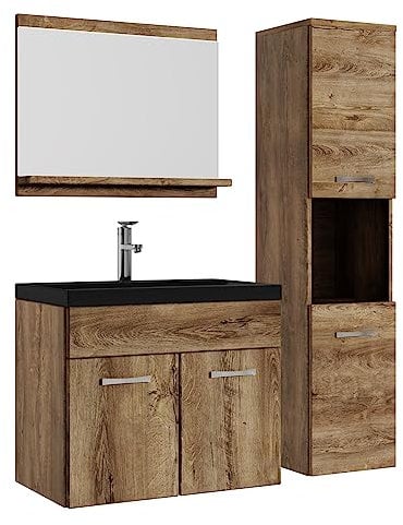 Badplaats B.V. Mobile da Bagno Montreal 60cm Rovere Marrone - Armadio mobiletto lavabo Nero - Mobili Armadietto