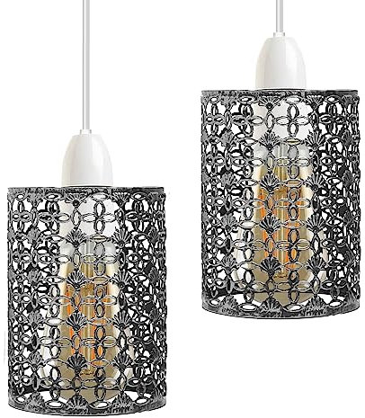 DC VOLTAGE 2 Pack of Industrial Metal Bulb Guard Drum Shaped Lampshades for Ceiling Pendant Lights, Indoor Easy Fit Wire Cages for Kitchen, Hallways (Brushed Silver)