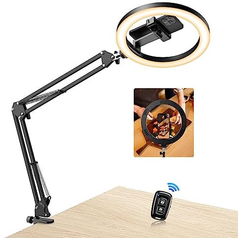 Evershop Ring Light with Tripod Stand & Phone Holder Overhead Mount,10 Ringlight Desk Streaming Phone Halo Light Flexible 3 Light Colors+10 Brightnesses 360°Rotatable Lighting Tiktok YouTube,CRI>95