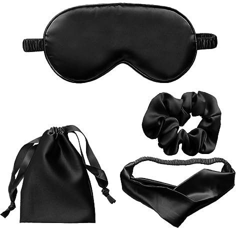 Schlafmaske aus Seide für Frauen/Männer, 4-teiliges Set, lichtblockierende Schlafmaske für Zuhause, Reisen, weiche Augenabdeckung, Augenschutz für die Nacht (Schwarz)