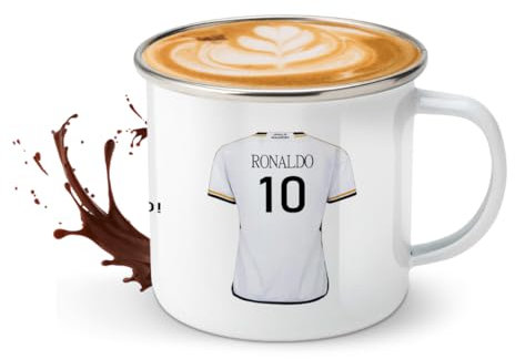 Taza del madrid personalizada con nombre, taza de camping del madrid de metal para viaje estilo retro con ilustracion de camiseta del madrid (Madrid, metal)