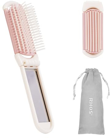 RHOS Folding Brush with Mirror for Women, Girls - Mini Hair Brush for Purse, Small Pocket Brush with Soft Nylon Bristles and Mirror for Travel (Beige)