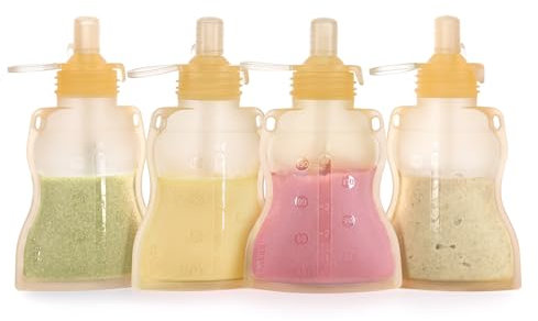 Haakaa Silikon Quetschbeutel - Wiederverwendbarer Squeeze-Baby-Speisenbeutel, Nachfüllbarer Weicher Lebensmittelbeutel für Baby-Püree. 4 Unzen, 4 Packung.
