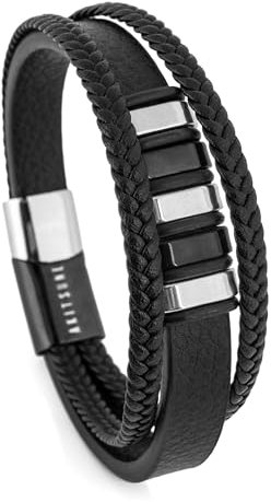 Akitsune Fabula Lederarmband |Armschmuck Frauen Herren Magnetverschluss aus Edelstahl Männer Armband - Silber - Schwarz 19cm