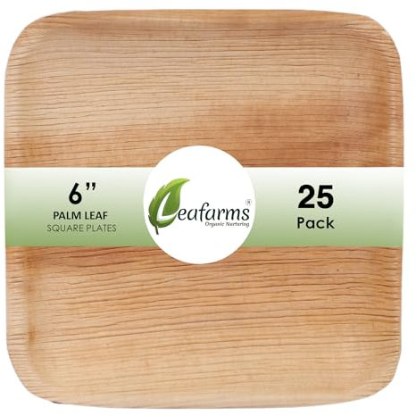 6 Square Palm Leaf Shallow Plates [25 Pack] I Premium Bamboo Plates Disposable Set I Heavy Duty Eco-Friendly Bamboo Plate I Large Dinner Square Plates for Party