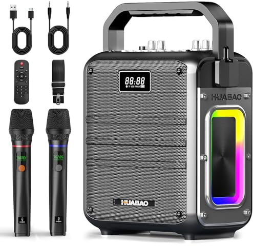 HUABAO Karaoke Machine, Bluetooth Speaker with 2 Wireless Microphones, Portable PA System with Lights & Treble/Bass Adjustment, 6600mAh High-Capacity Rechargeable Battery, for Party, Speech, Events