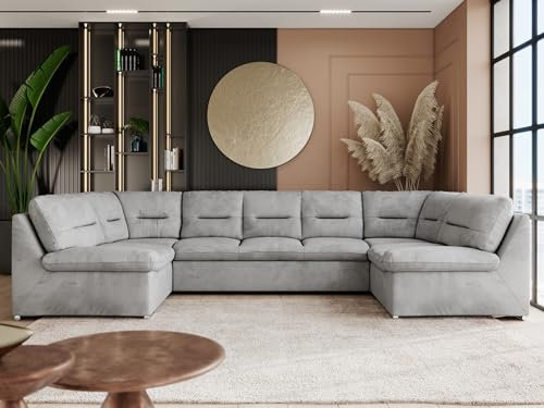 MKS MEBLE Sofa XXL U-Form Grau, Wohnlandschaft Mit Schlaffunktion, Schlafsofa, Wohnzimmer Couch - Comodo U - Hellgrau Velvet