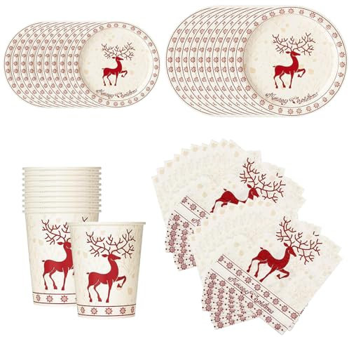 Set di 50 piatti di carta usa e getta per feste di Natale, motivo: alce rosso, set di accessori per la tavola per feste di Natale, include piatti di carta, bicchieri di carta e tovaglioli per
