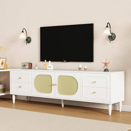 Merax Lowboard TV Board Weiß, Moderner TV Schrank mit 4 Schubladen, 2 Rattantüren, TV Bank, TV Ständer, elegant Fernsehschrank für Wohnzimmer Esszimmer, Wohnzimmermöbel, Kabelmanagement, 180x40x56,5cm
