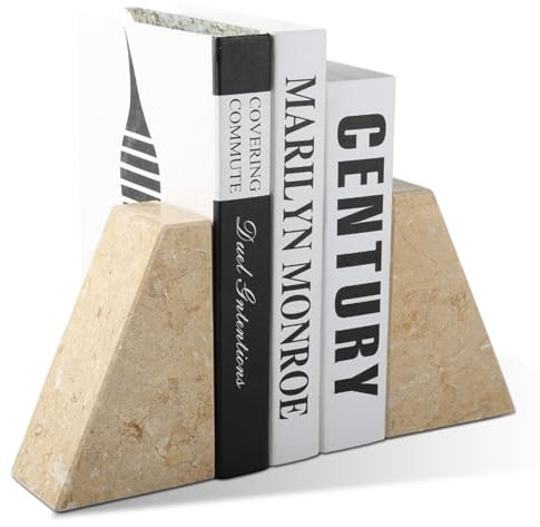 Karibiber Marmor-Buchstütze für schwere Bücher, dekorative Buchstützen für Regale, langlebige und robuste Buchstütze für gebundene Bücher & CDs, einzigartiger Buchstopper & Halter, Perlgelb, 2 Stück