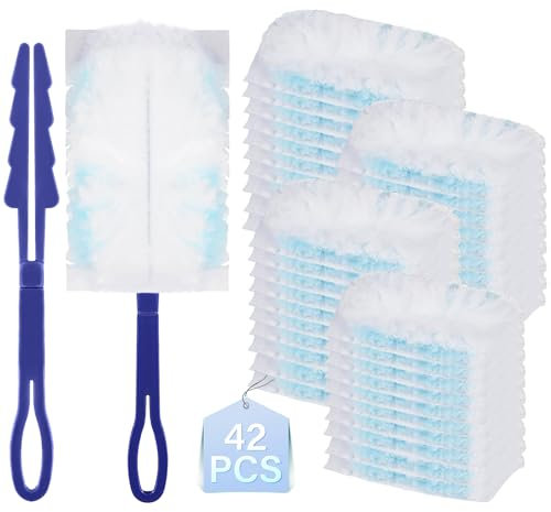 Swetfela 42 Stück Staubmagnet für Swiffer, Elektrostatischer Staubwischer für Haushalt, Schule mit 1 Griff, Kunststoff, Blau