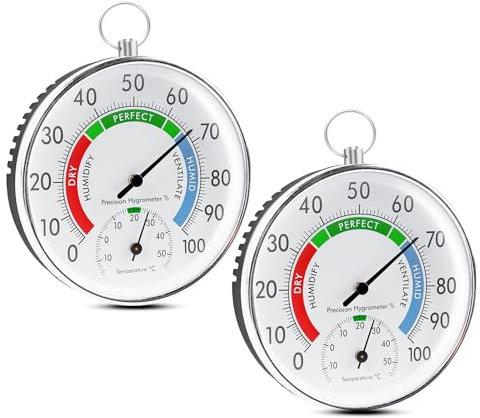 Sporgo 2 Stück Thermometer Hygrometer: 10cm Präzisions Hygrometer Analog, Kabelloses Wandmontiertes Thermometer mit Aufhängeöse, Thermo-Hygrometer für Innen Aussen Häuser, Gewächshäuser, Gärten (A)