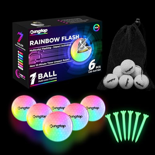 KINGTOP RainbowFlash Golfbälle, leuchtet im Dunkeln, mehrfarbig, blinkender LED-Golfball, leuchtet im Hinterhof, 10-Minuten-Reset-Timer, mit leuchtenden Tees und Organizer-Tasche für Nachtgolfen