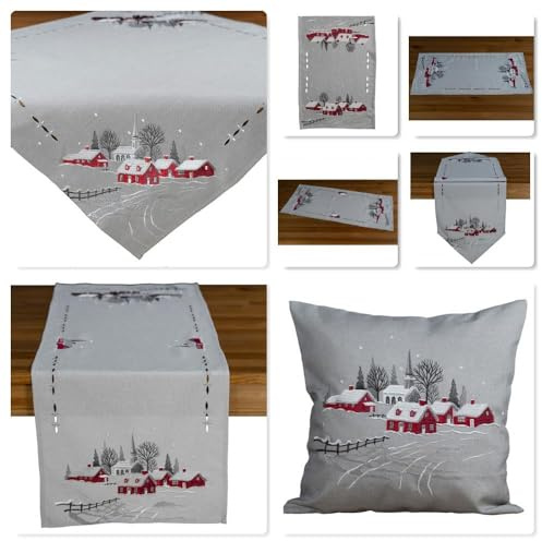 Tischdecke Mitteldecke Tischläufer Winter Weihnachten grau hellgrau rot Stickerei Dorf mit Kirche Silberfäden pflegeleicht (40 x 85 cm)