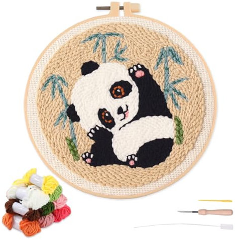 artcici Stanznadel-Set für Anfänger mit Tier-Panda, niedlichem Pflanzenmuster-Werkzeug und Garn, einfaches Sticken, Teppichhaken-Set (Braun)