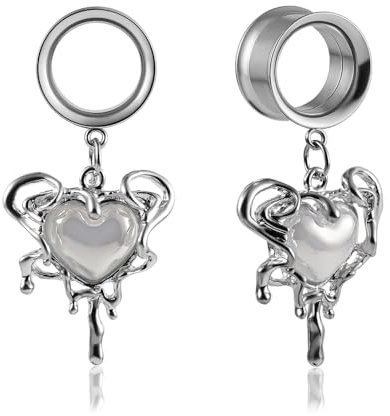 DOEARKO Ohr Tunnel 1 Paar Double Flared Flesh Tunnel mit Herz Anhänger Edelstahl Ohr Piercing Schmuck Expander Ohrplugs für Frauen und Männer (Silber, 12MM)
