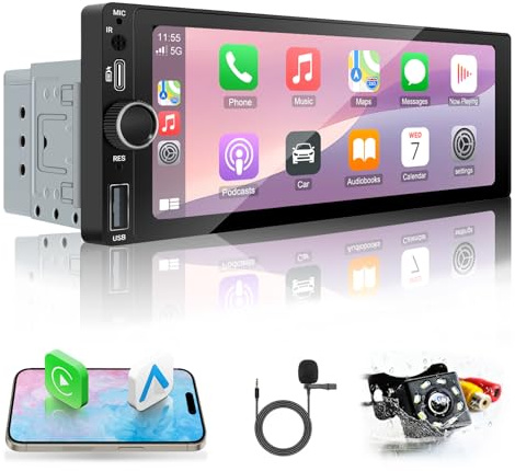 Radio de Coche 1 DIN con 6.9 Pantalla CarPlay Inalambrico y Android Auto | Radio Coche Bluetooth 1 DIN, 6.9 Pantalla Táctil Autoradio Soporte Mirror Link/FM Radio RDS/USB/Micrófono/Cámara Trasera/SWC