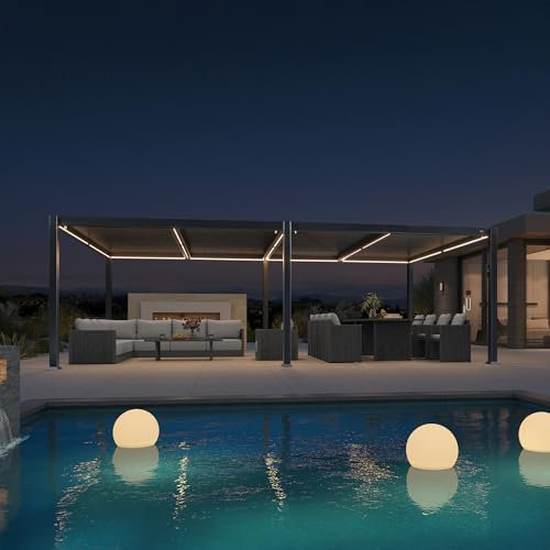 PURPLE LEAF Pergola 3.5 x 7.16 m mit Lamellendach Terrassenüberdachung Freistehend Wasserdicht Stabil Winterfest Verstellbaren Alu-Lamellen Pavillon mit LED-Lichtleiste, Grau