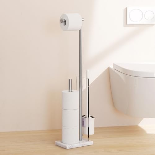 KES Toilet Roll Holder Free Standing with Toilet Brush Detachable, Toilet Roll Holder Stand with Natural Marble Base Loo Roll Holder for Bathroom Brushed, BPH233-2