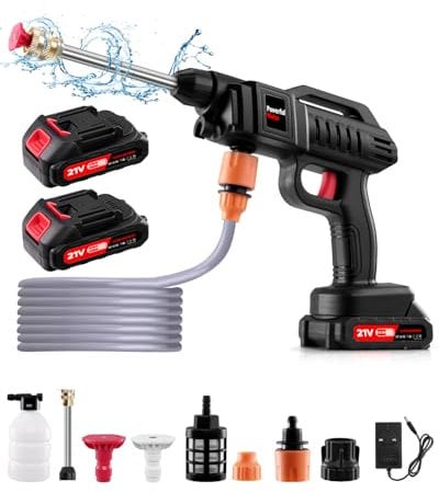 21V Cordless Pressure Washer, 1500W Handheld Washer Kit, High Pressure Washer for Car Floor Gardening Cleaning, Cordless Power Washer with 2 Nozzle, 16.5ft Hose, 2 * 2.0Ah Battery (no Bucket)