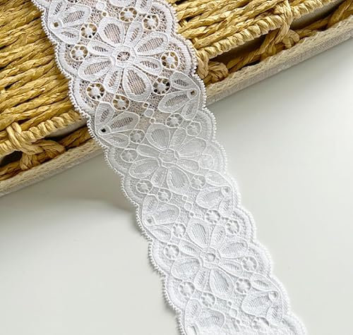 WANYI 3 Yards Elastizität Spitzenband 6CM Breit Spitzenbordüre Spitze Borten und Bänder zum Nähen Vintage Stoff Bordüre Dekoband Zierband für Unterwäsche Vorhänge Geschenkband(Weiß)