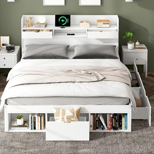 MOBETTRES Doppelbett, 180 * 200cm, Mit U-S-B-Port & Schubladen & Stauschrank, Kinderbett, Jugendbett, Multifunktionales Bett, Großer Stauraum, ohne Matratze, weiß