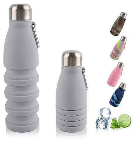 Dwafill Gobelet Pliable Silicone, 550 Ml Gourde Souple, éTanche et Portable, Sans Bpa, lasque Running, Adapté Camping, Sports de Plein Air, Voyages, Bouteille Pliable Randonnée (Cendre)