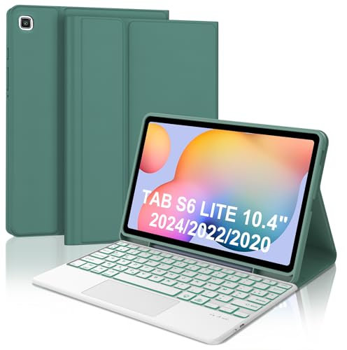 WAVATA Clavier pour Samsung Galaxy Tab S6 Lite 10.4 Pouces 2024/2022/2020 avec Pavé Tactile, Étui Clavier pour Tab S6 Lite Keyboard Rétroéclairées Magnétique Français AZERTY Layout, Vert foncé