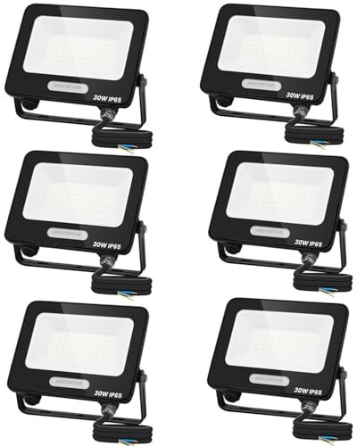 Aigostar LED Strahler Außen Innen 30W 2450LM Kaltweiss 6500K Scheinwerfer IP65 Wasserdicht LED Außenstrahler für Hell Garten Garage Sportplatz Hof Fluter. 6 pcs