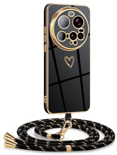 Mkej Funda para Xiaomi 15 Ultra con Cuerda, Silicona diseño de corazón con Chapado en Oro de Lujo, Ajustable y Retirable Cordon Carcasa Case para Xiaomi 15 Ultra, Oro Negro