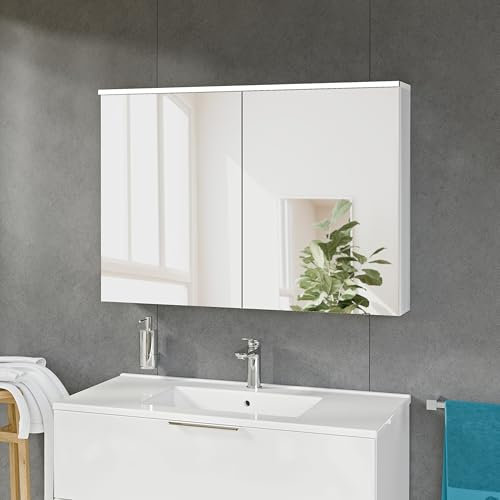 BERNSTEIN - Armoire de toilette à glace miroir Blanc mat salle de bain suspendu éclairage LED 100x19x71cm 2 portes + interrupteur tactile - VARO
