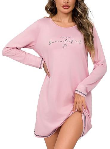 Bresdk Women's Nightdresses Long Sleeve Nightgowns Cotton Nightshirt Soft Sleepwear Women'S Nightdress with Heart Pattern Pink L