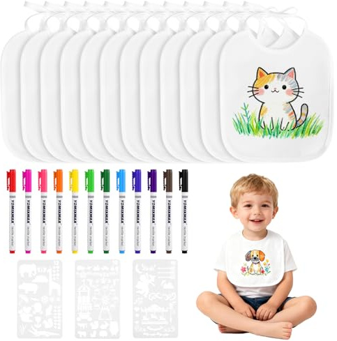 Zorplex 12 Stück Baby Lätzchen zum Bemalen, Weiß Baby Lätzchen aus Baumwolle mit 12pcs Farbigem Textilstift 3pcs Malen Schablonen für Babyshower Party Junge Mädchen