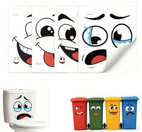 4 Pack Funny Face Stickers for Trash Cans, Waterproof Vinyl Decals for Toilet Lid, Kitchen, Fridge & Outdoor Use, Easy to Apply No Tools Needed (7.87x7.87 Inch)